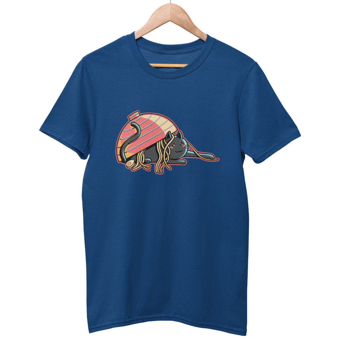 A deep marjorelle blue colour unisex crewneck t-shirt on a hanger with a design on its chest of a cute black cat emerging from beneath an overturned striped bowl of ramen noodles