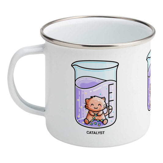 Cute cat joining atoms in a chemistry beaker of liquid design on a silver rimmed white enamel mug, showing LHS