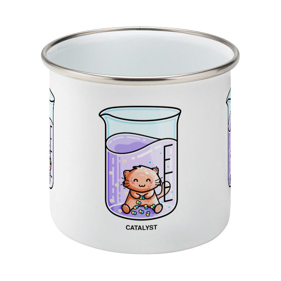 Cute cat joining atoms in a chemistry beaker of liquid design on a silver rimmed white enamel mug, side view