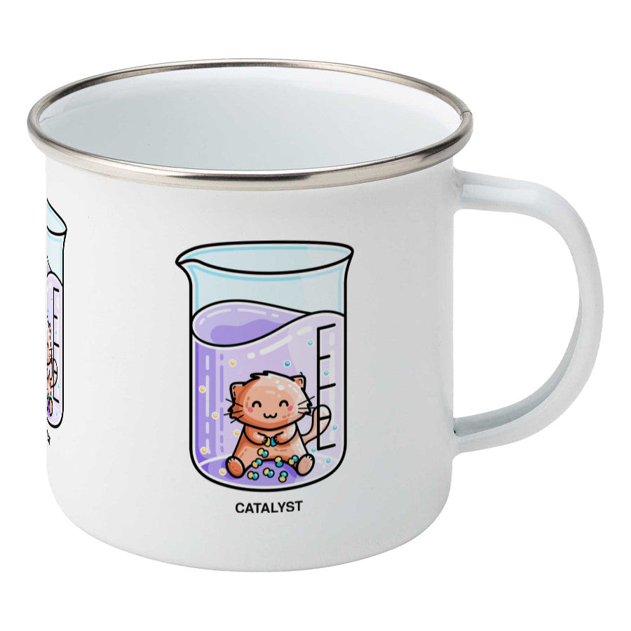 Cute cat joining atoms in a chemistry beaker of liquid design on a silver rimmed white enamel mug, showing RHS