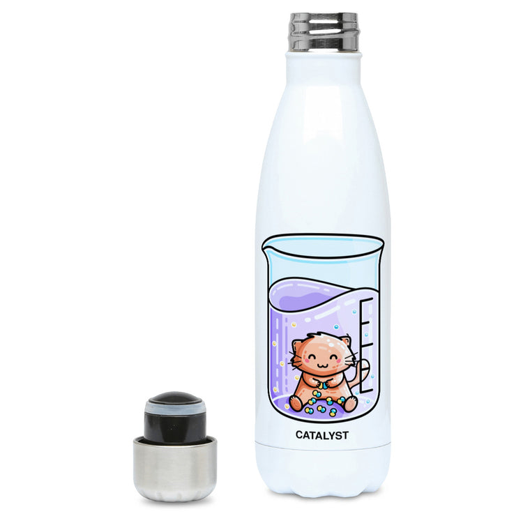 Cute cat joining atoms in a chemistry beaker design on a white metal insulated drinks bottle, lid off