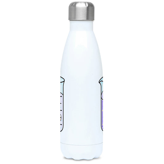 Cute cat joining atoms in a chemistry beaker design on a white metal insulated drinks bottle, side view