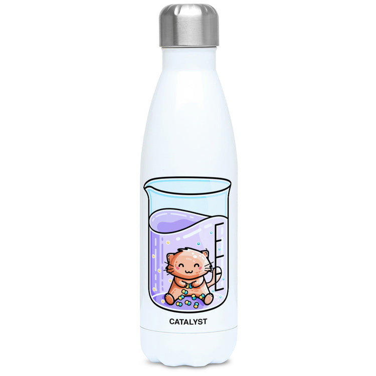 Cute cat joining atoms in a chemistry beaker design on a white metal insulated drinks bottle, lid on
