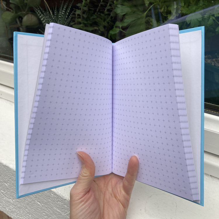 Hardback journal held open showing grid graph pages within
