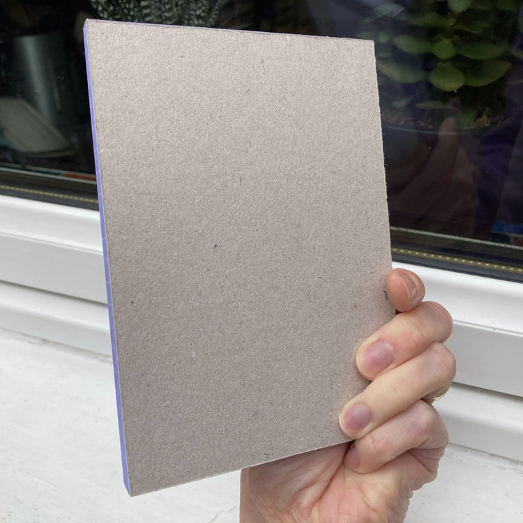 A hand holding a notepad showing the greyboard back of the notepad.