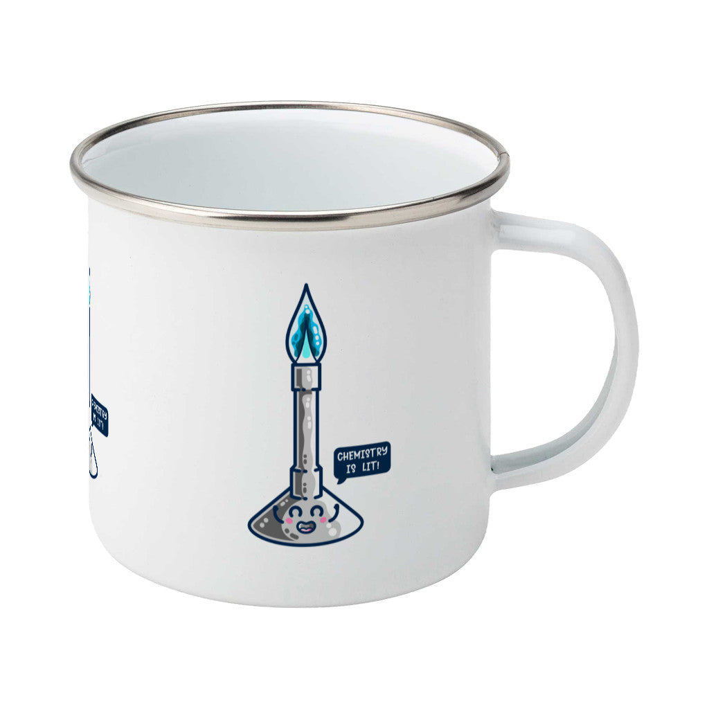 A silver rimmed white enamel mug with the handle to the right and a design of a cute Bunsen burner with blue flame and speech bubble saying chemistry is lit!