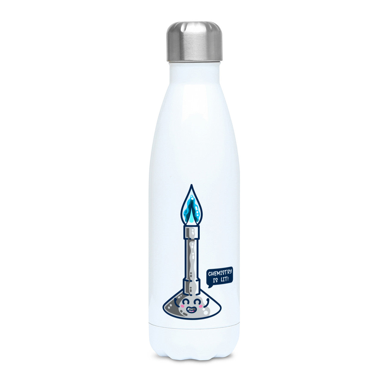 A tall white stainless steel drink bottle with a brushed silver lid and wavy shaped bottom featuring a design of a cute Bunsen burner with blue flame and speech bubble saying chemistry is lit! The lid of the bottle is on.