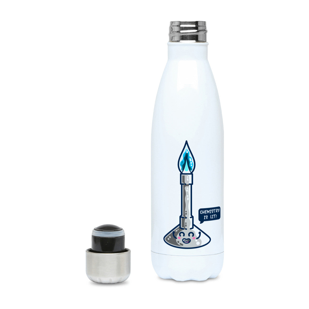 A tall white stainless steel drink bottle with a brushed silver lid and wavy shaped bottom featuring a design of a cute Bunsen burner with blue flame and speech bubble saying chemistry is lit! Lid off next to the bottle and silver screw fastening visible at the top of the open bottle.