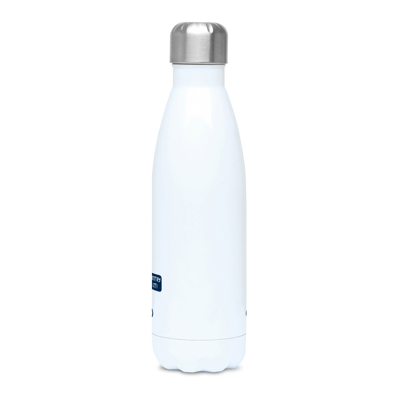 A tall white stainless steel drink bottle with a brushed silver lid and wavy shaped bottom, side view of the bottle with hardly any of the design showing. The lid of the bottle is on.