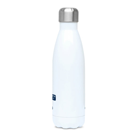A tall white stainless steel drink bottle with a brushed silver lid and wavy shaped bottom, side view of the bottle with hardly any of the design showing. The lid of the bottle is on.