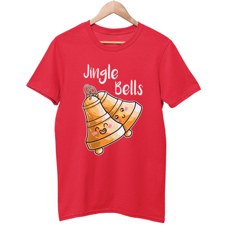 A red colour unisex crewneck t-shirt on a hanger with a design on its chest of two kawaii cute brass bells at an angle ringing and the words 'Jingle Bells' in white above them