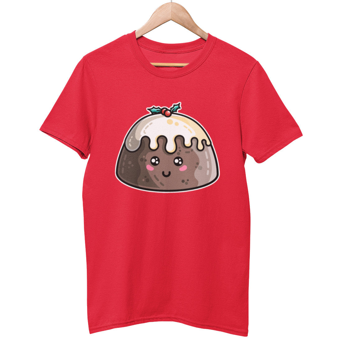 A red colour unisex crewneck t-shirt on a hanger with a design on its chest of a kawaii cute Christmas pudding with cream and a sprig of holly on the top