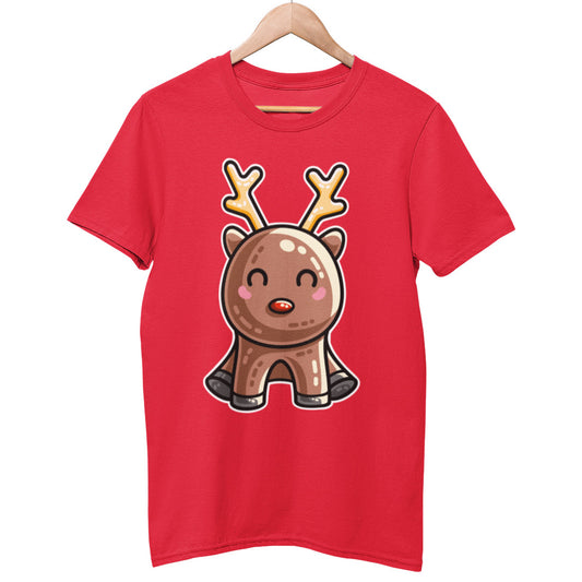 A red colour unisex crewneck t-shirt on a hanger with a design on its chest of a kawaii cute reindeer in a sitting position and with a red nose and yellow antlers