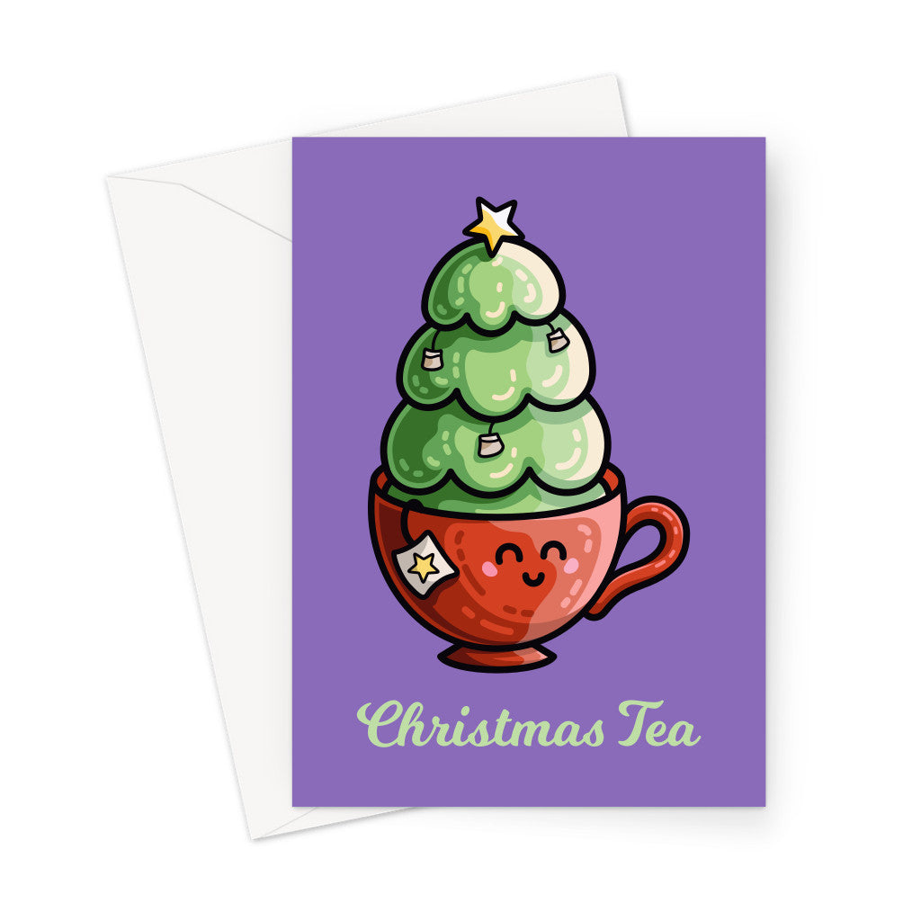 A white envelope beneath a purple greeting card with a design of a cute red teacup with a Christmas tree planted in it decorated with hanging teabags