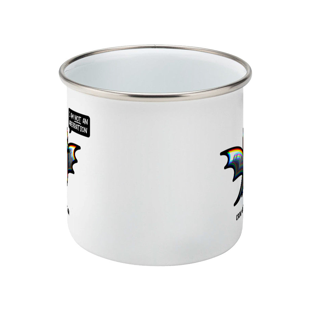 A silver rimmed white enamel mug, viewed from the side with the handle hidden behind it