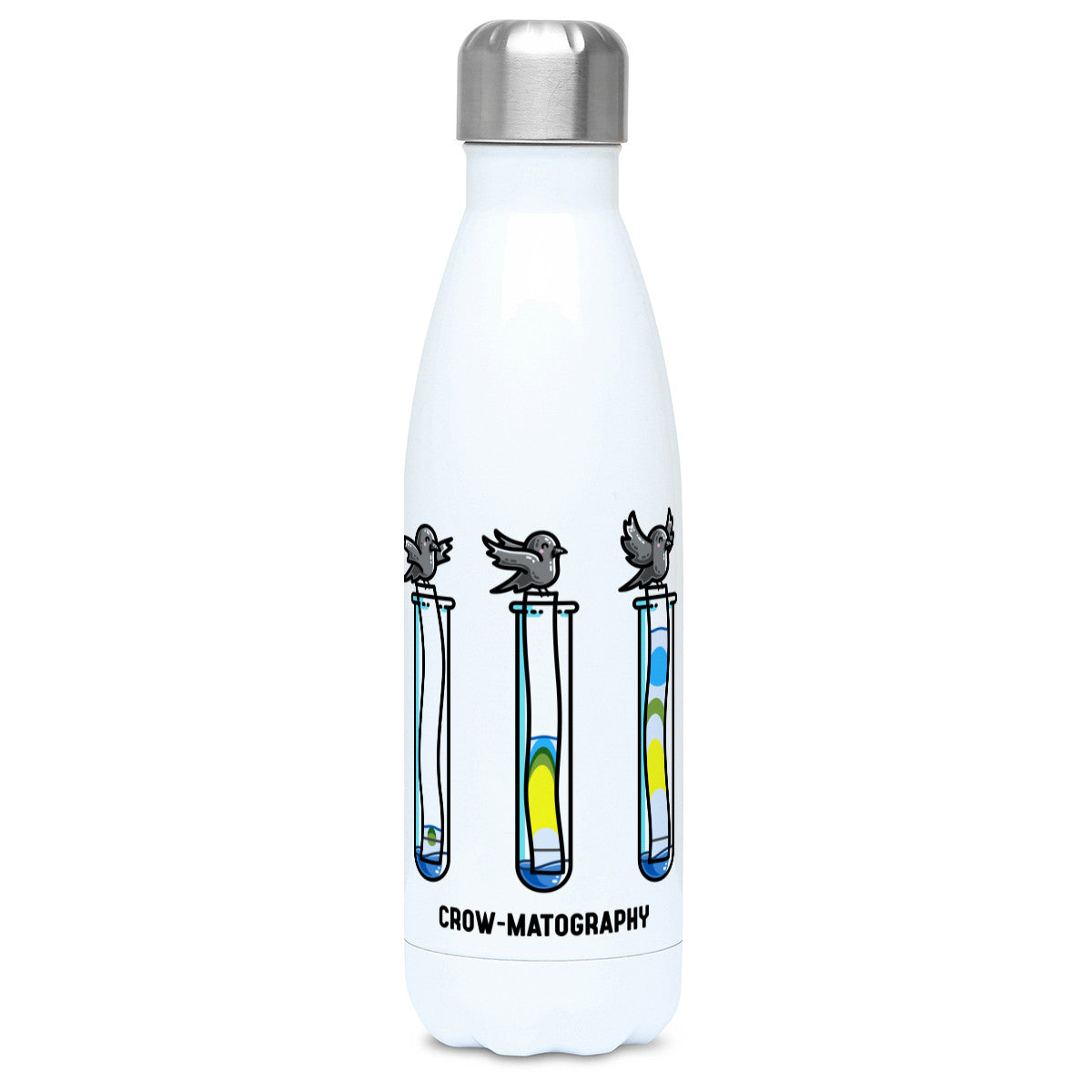 A tall white stainless steel drinks bottle seen from the front with its silver lid on and a design of 3 crows holding strips of paper into 3 test tubes showing colour separation.