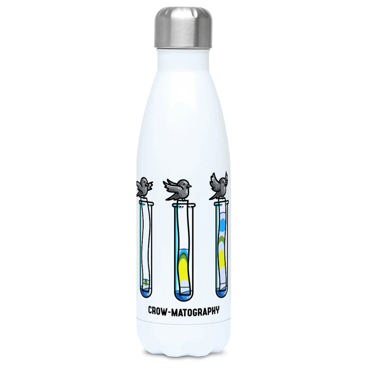 A tall white stainless steel drinks bottle seen from the front with its silver lid on and a design of 3 crows holding strips of paper into 3 test tubes showing colour separation.