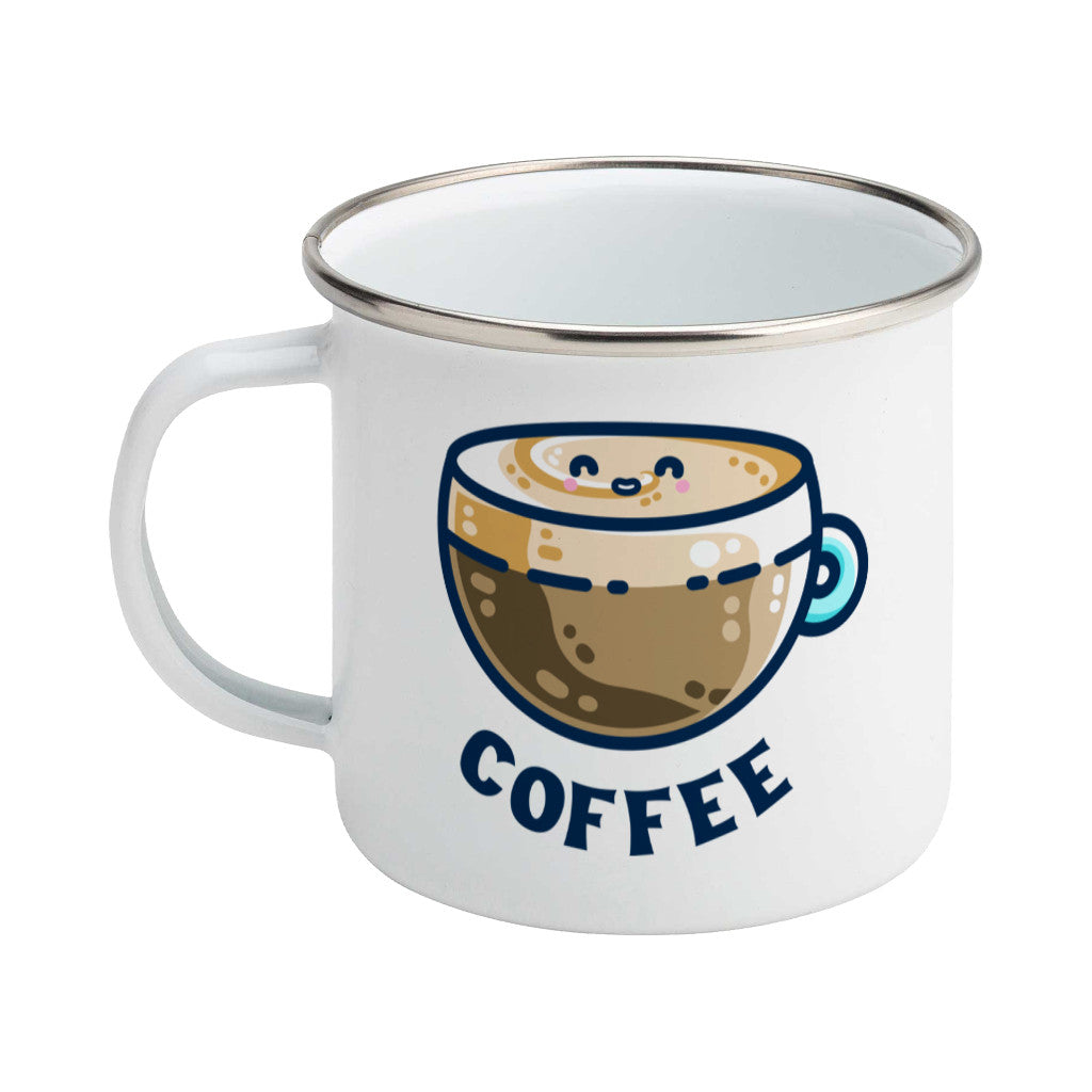 A silver rimmed white enamel mug with the handle to the left showing a design of a kawaii cute glass cup of coffee with a thick creamy layer at the top and a smiling face in the cream on the top. The word coffee is in capital letters beneath.