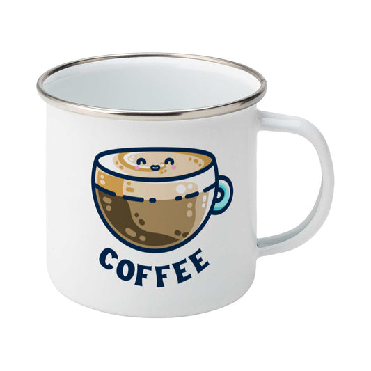 A silver rimmed white enamel mug with the handle to the right showing a design of a kawaii cute glass cup of coffee with a thick creamy layer at the top and a smiling face in the cream on the top. The word coffee is in capital letters beneath.