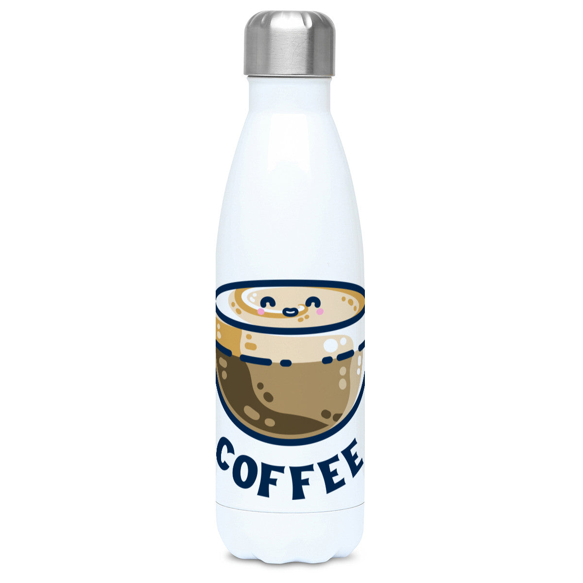 A tall white stainless steel drinks bottle seen from the front with its silver lid on and a design of a kawaii cute glass cup of coffee with a thick creamy layer at the top and a smiling face in the cream on the top. The word coffee is in capital letters beneath.