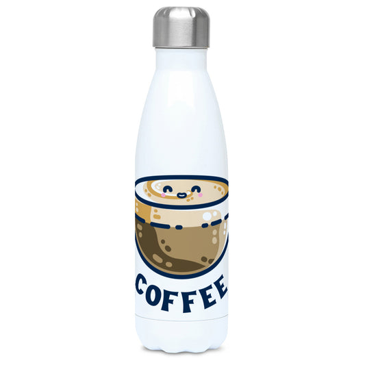A tall white stainless steel drinks bottle seen from the front with its silver lid on and a design of a kawaii cute glass cup of coffee with a thick creamy layer at the top and a smiling face in the cream on the top. The word coffee is in capital letters beneath.