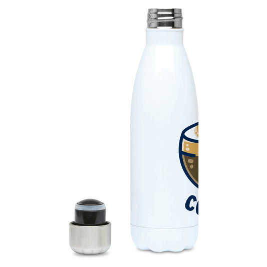 A tall white stainless steel drinks bottle seen side on with its lid off and screw neck visible and the edge of the design showing.