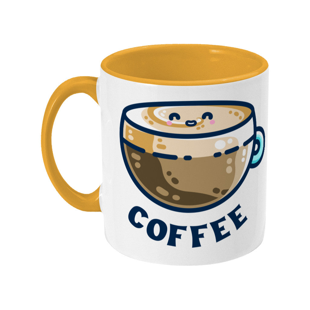 A two toned white and yellow ceramic mug with the handle to the left showing a design of a kawaii cute glass cup of coffee with a thick creamy layer at the top and a smiling face in the cream on the top. The word coffee is in capital letters beneath.