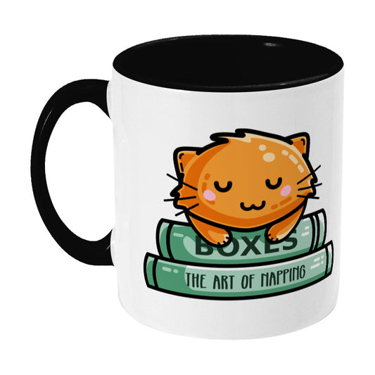 Cute ginger cat asleep on books design on a two toned black and white ceramic mug, showing LHS