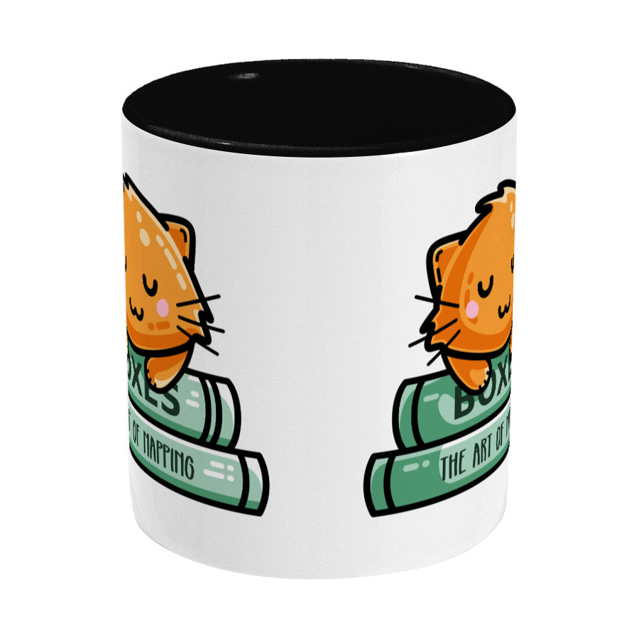 Cute ginger cat asleep on books design on a two toned black and white ceramic mug, side view