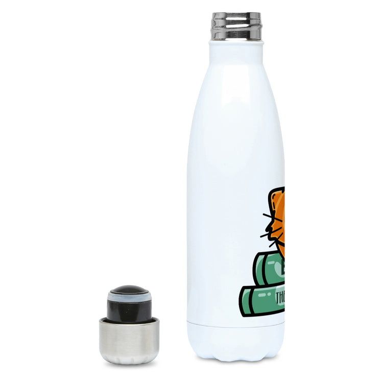 Cute ginger cat asleep on two books design on a white metal insulated drinks bottle, lid off