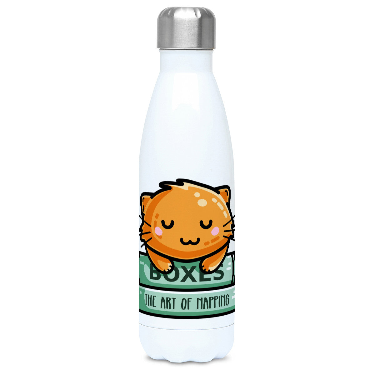 Cute ginger cat asleep on two books design on a white metal insulated drinks bottle, lid on