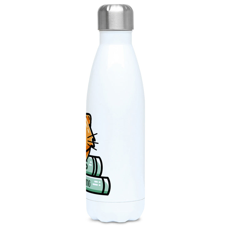 Cute ginger cat asleep on two books design on a white metal insulated drinks bottle, side view