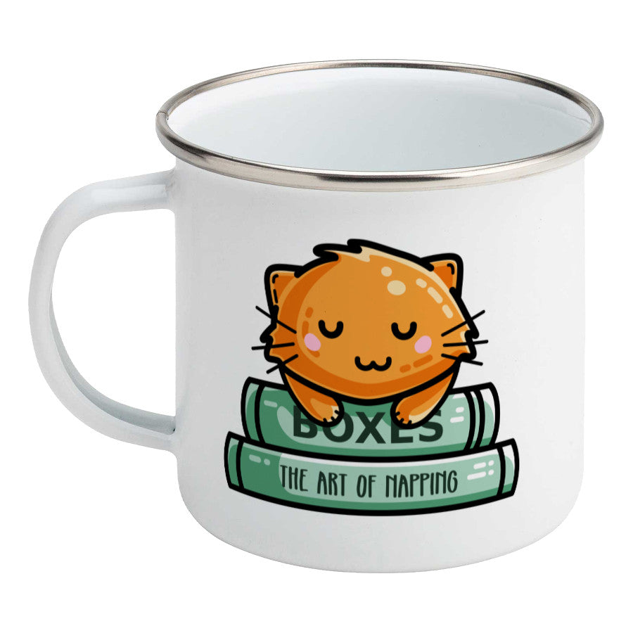 Cute ginger cat asleep on two books design on a silver rimmed white enamel mug, showing LHS