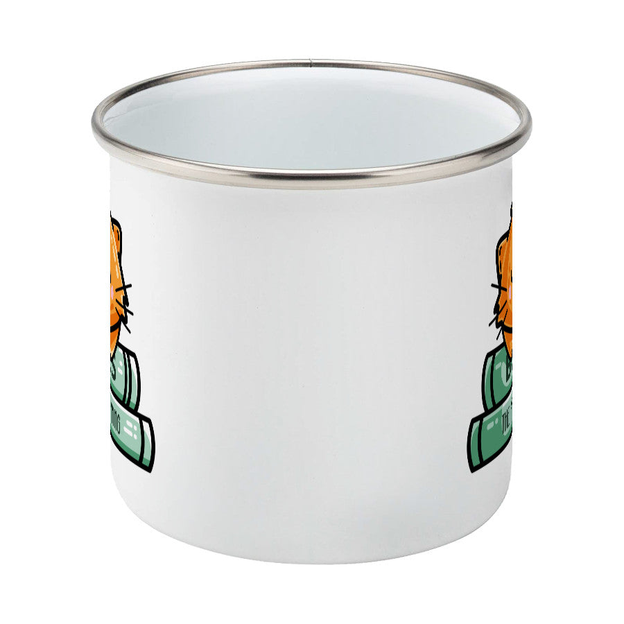 Cute ginger cat asleep on two books design on a silver rimmed white enamel mug, side view