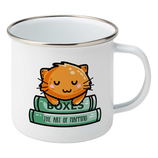 Cute ginger cat asleep on two books design on a silver rimmed white enamel mug, showing RHS