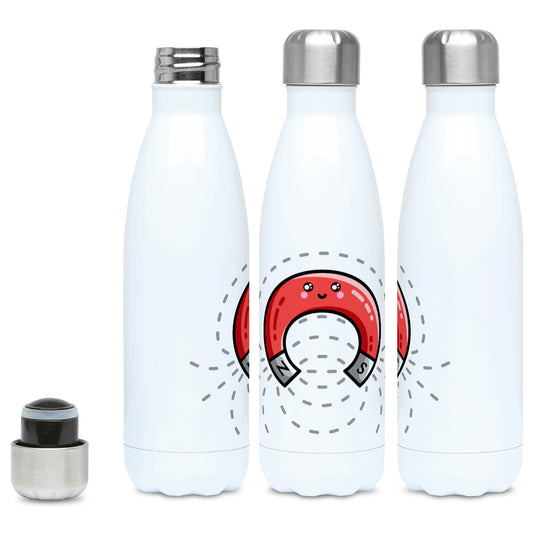 A white stainless steel water bottle seen from three different angles and with the silver lid on and off. Has printed design of a cute red magnet.