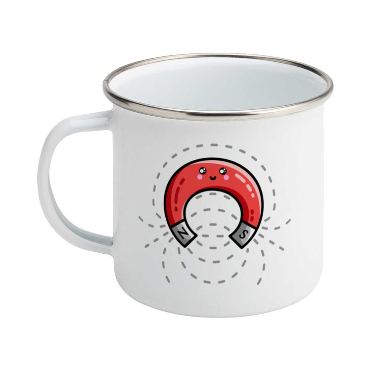 A silver rimmed white enamel mug with the handle to the left and a design of a cute red magnet with magnetic field lines.