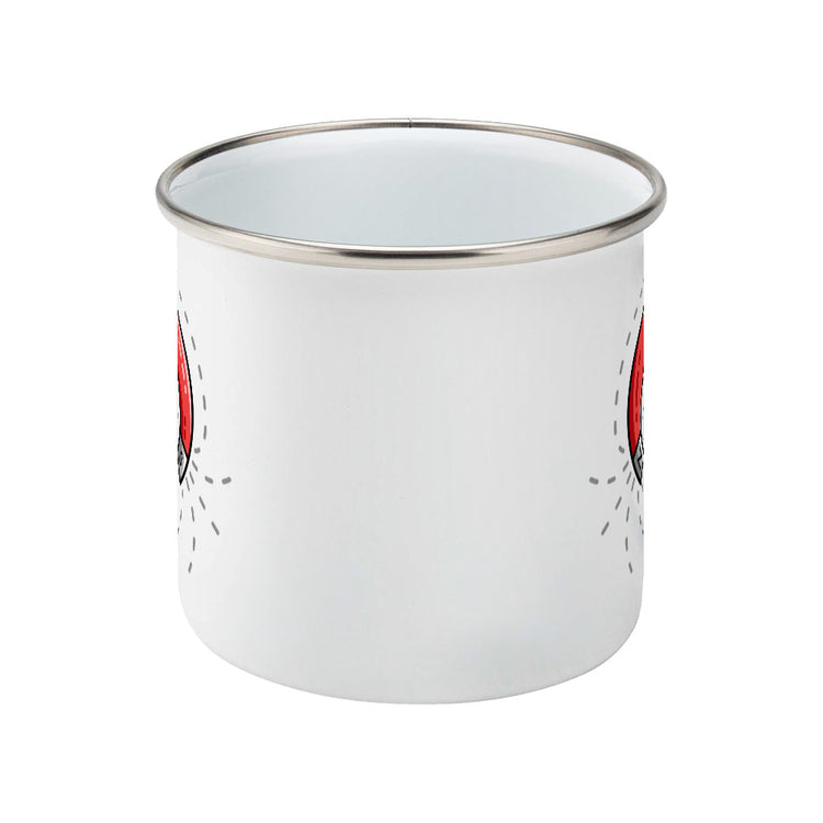 A silver rimmed white enamel mug seen from the side so that the handle is hidden at the back.