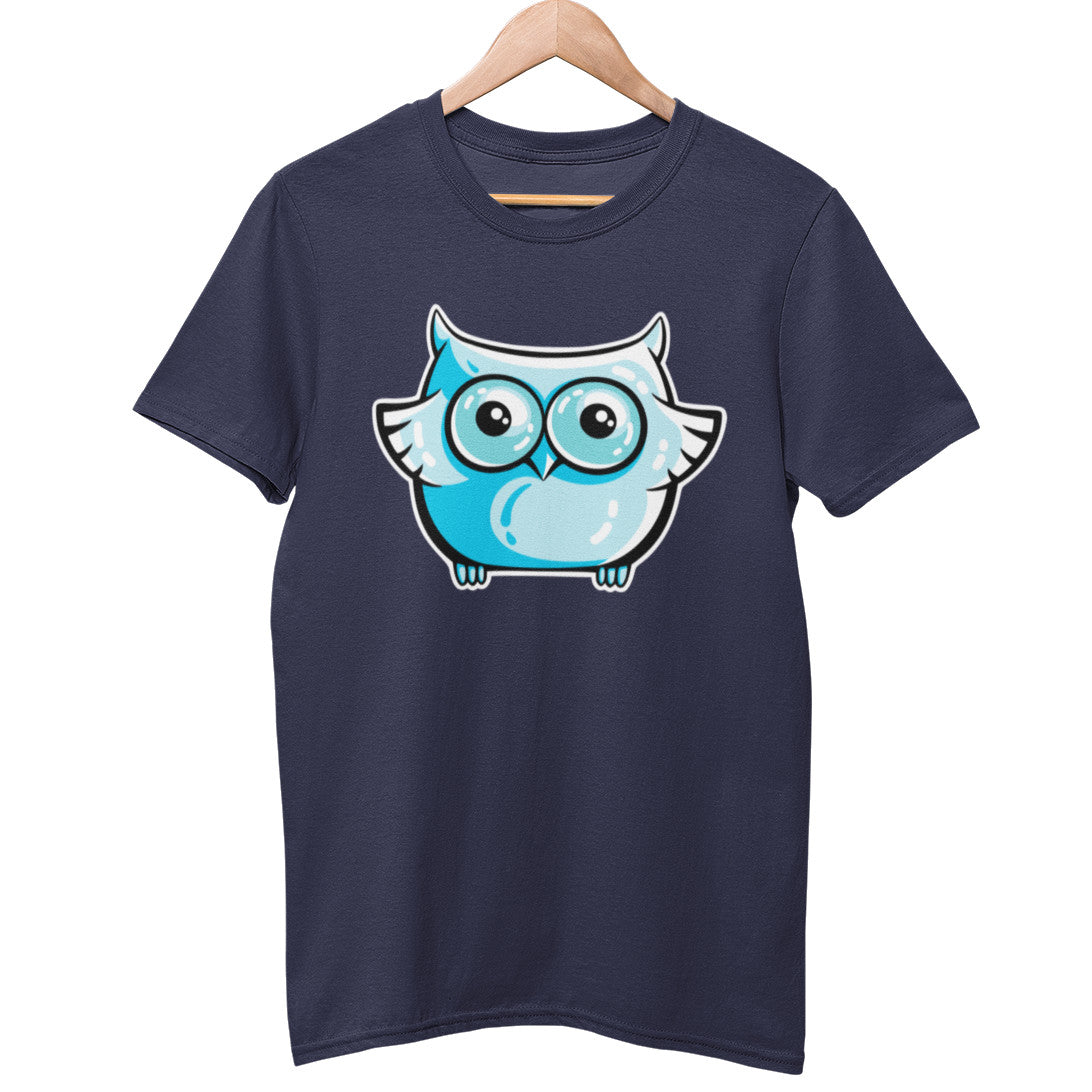 A navy coloured unisex crewneck t-shirt on a wooden hanger with a design on its chest of a blue owl with large round eyes
