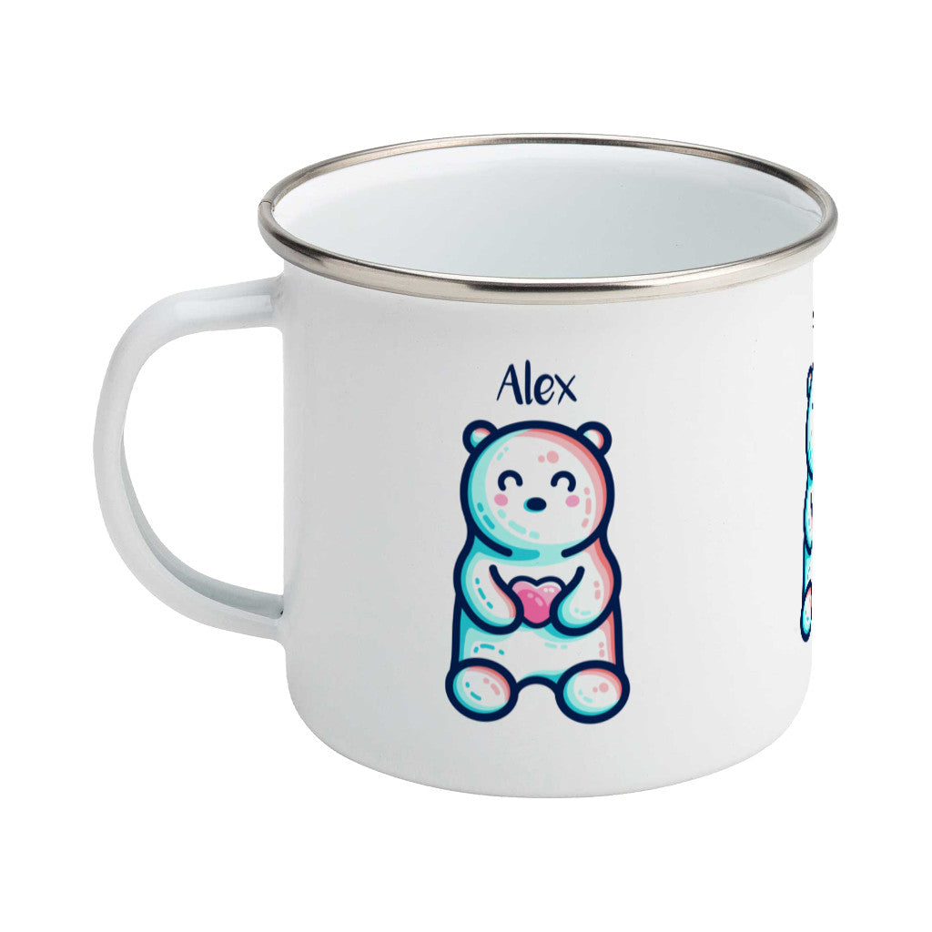 A silver rimmed white enamel mug seen from the back, with the handle to the left, with the personalised name Alex written above the cute polar bear holding a heart