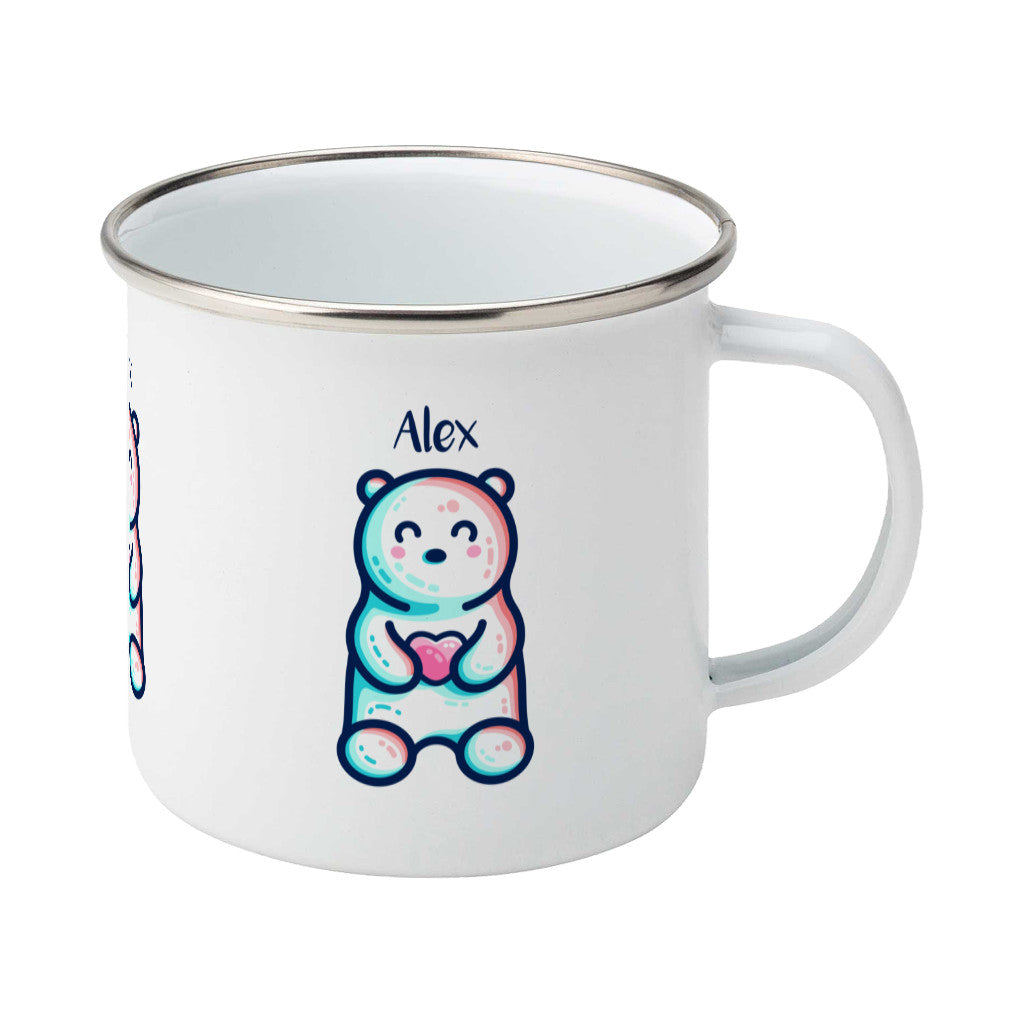 A silver rimmed white enamel mug seen from the front, with the handle to the right, with the personalised name Alex written above the cute polar bear holding a heart