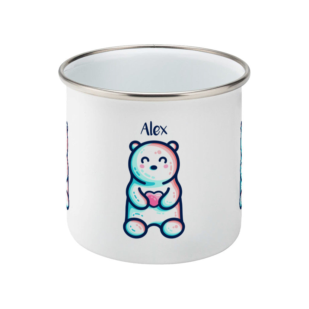 A silver rimmed white enamel mug seen from the side, with the handle behind and not visible, with the personalised name Alex written above the cute polar bear holding a heart