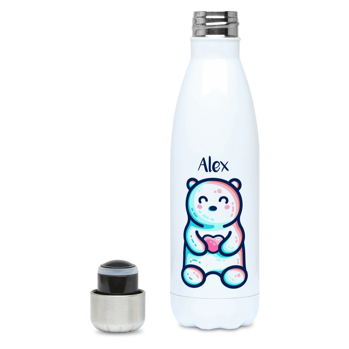 A white stainless steel drink bottle with the name Alex above a cute polar bear sitting holding a pink heart in its paws - lid off view