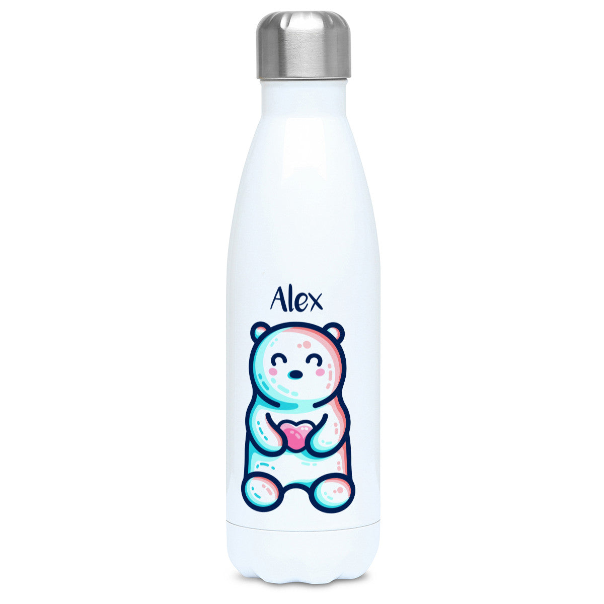 A white stainless steel drink bottle with the name Alex above a cute polar bear sitting holding a pink heart in its paws - back view with lid on