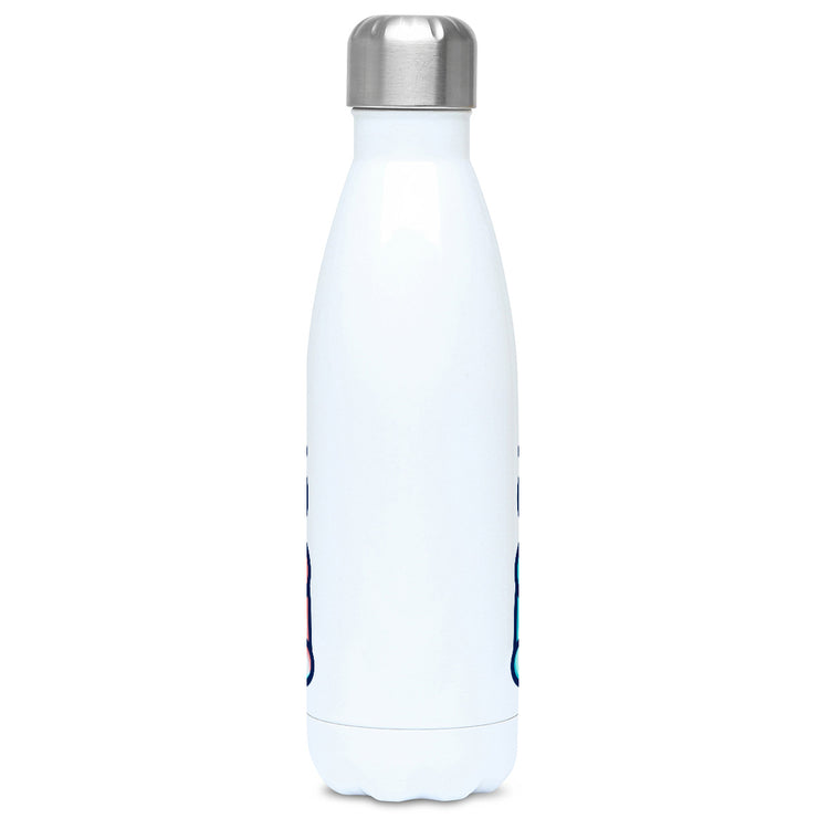 A white stainless steel drink bottle with the name Alex above a cute polar bear sitting holding a pink heart in its paws - side view with lid on