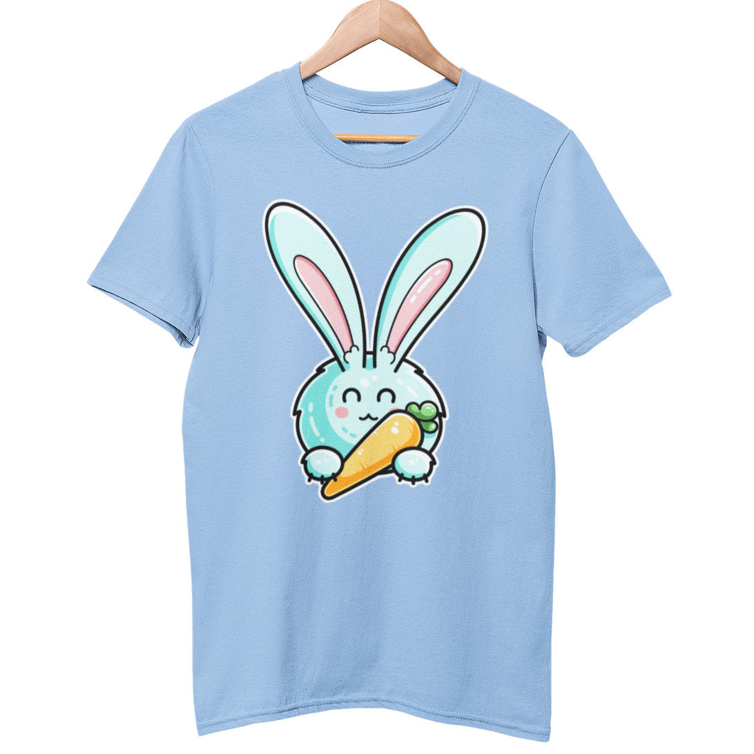 A pale blue unisex crewneck t-shirt on a hanger with a design on its chest of a kawaii cute white and turquoise rabbit with tall ears and a large orange carrot resting between its paws