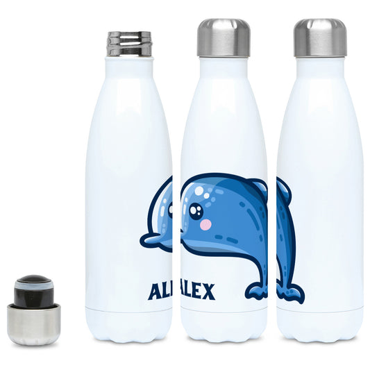 A tall white stainless steel drinks bottle, shown with lid on and off and from three angles. Features a design of a kawaii cute blue dolphin personalised with a name beneath in dark blue capital letters.