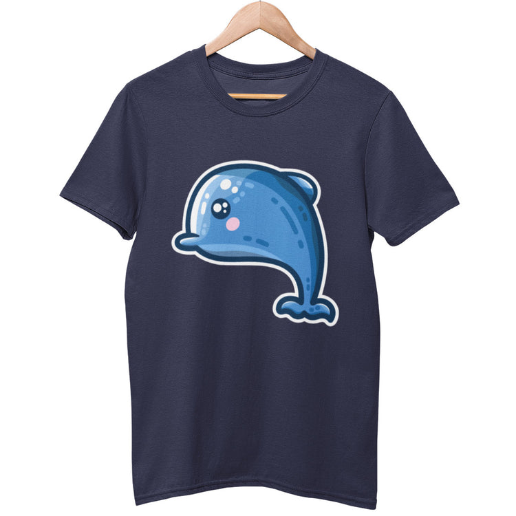 A navy unisex crewneck t-shirt on a wooden hanger with a design on its chest of a kawaii cute blue dolphin facing to the left