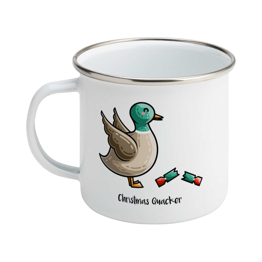 A silver rimmed white enamel mug with the handle to the left showing a design of a mallard duck with a red and green Christmas cracker and the words Christmas Quacker written in black beneath