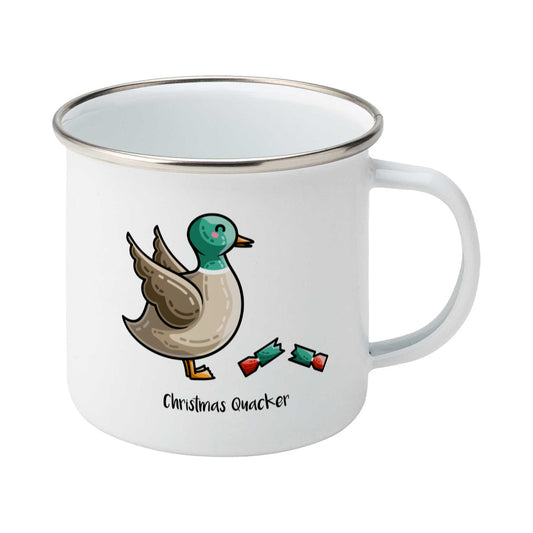 A silver rimmed white enamel mug with the handle to the right showing a design of a mallard duck with a red and green Christmas cracker and the words Christmas Quacker written in black beneath